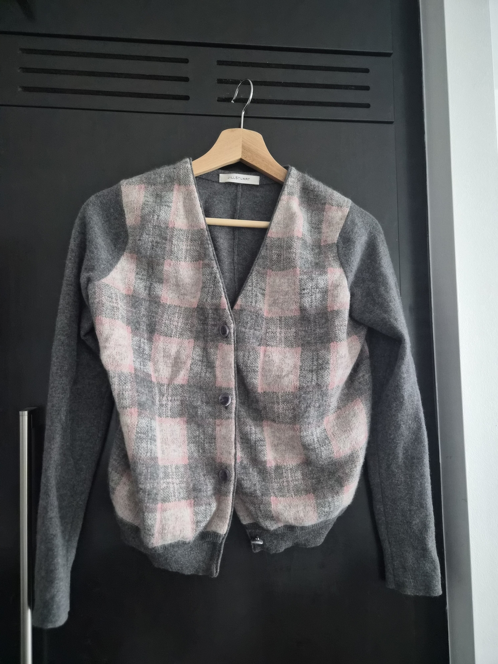 Jill Stewart Gray and Pink Plaid Button-Front Sweater Cardigan